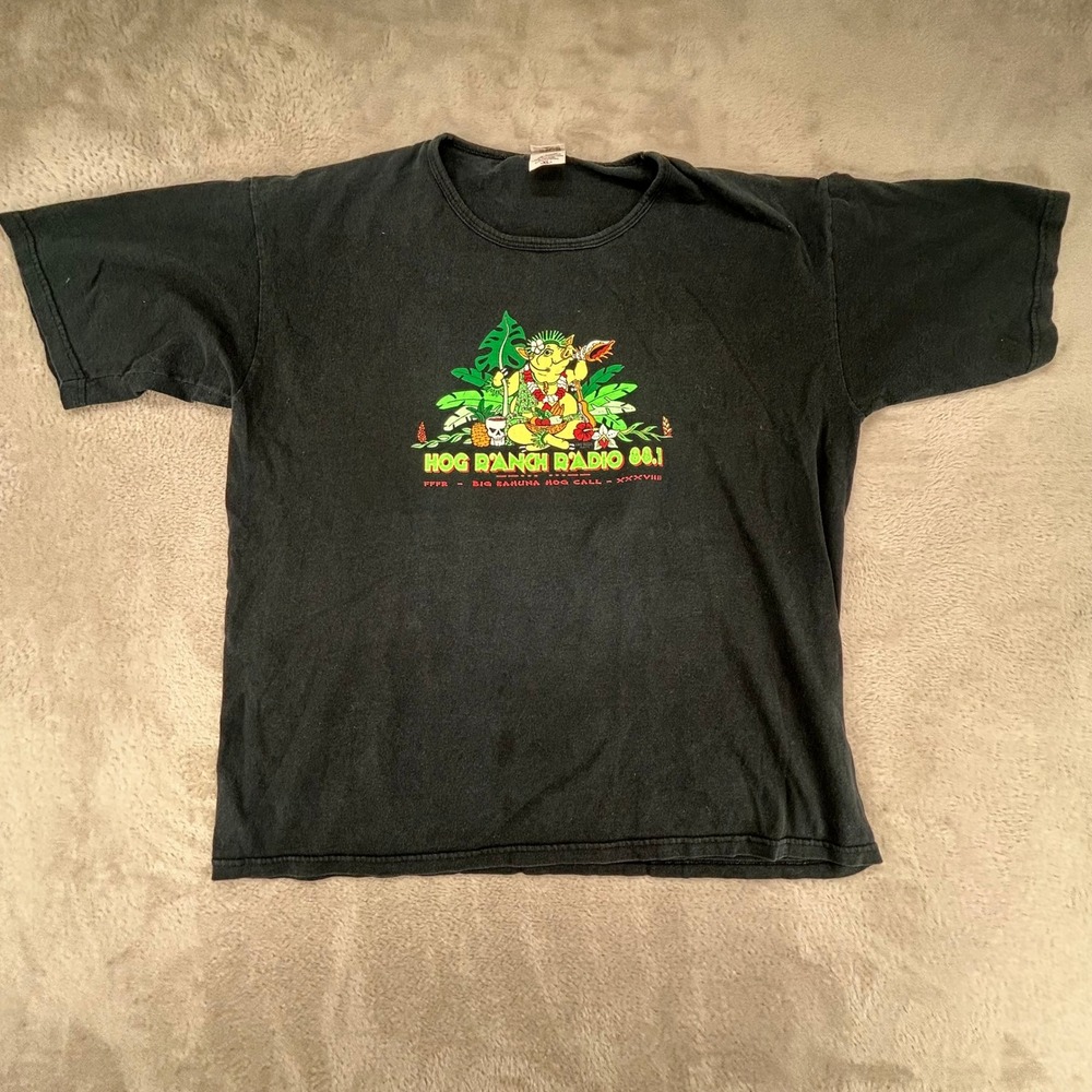 VTG Anvil Mens Hog Ranch Radio 88.1 Graphic T-Shirt XL Black Preowned Big Kahuna